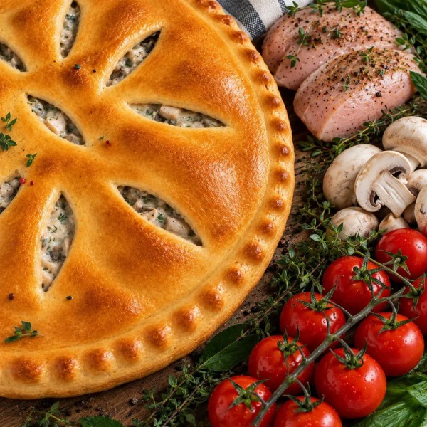 Осетинский пирог с курицей, грибами и помидорами